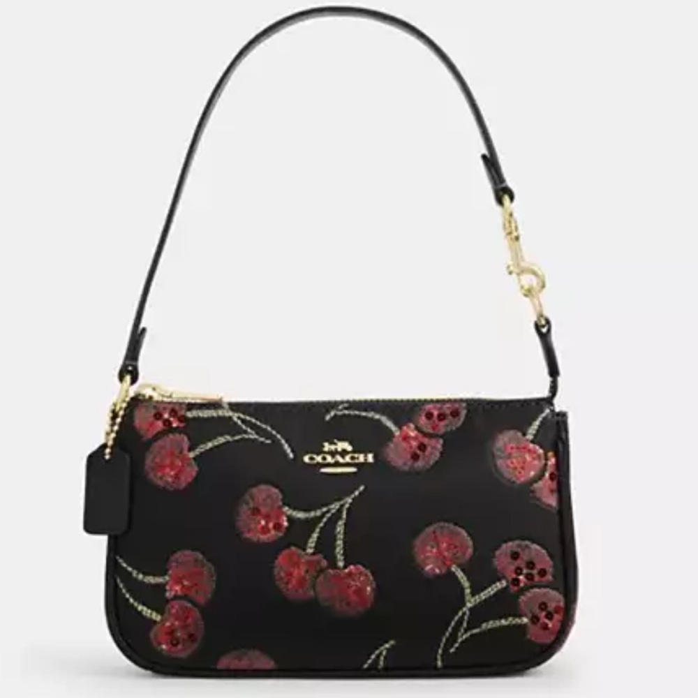 🖤🍒Coach NWT Black Nolita 19 With Sparkling Cherry Print and Gold Hardware